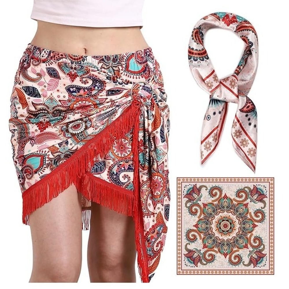Wrap Skirts For Women, Casual Beach Mini Skirt With Silk 27" Square Scarf,BOHO S